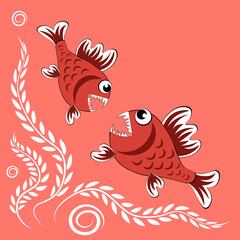 predatory evil piranha fish. Fabulous underwater world. Styling, cartoon style