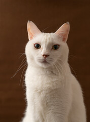 可愛い白猫　茶色背景　ポートレート