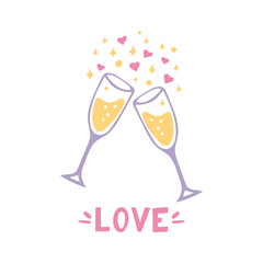 glasses with champagne and love text. hand drawn doodle style. template for card. vector, minimalism. holiday, party, love, valentines day, wedding, anniversary, birthday, holiday, cheers.