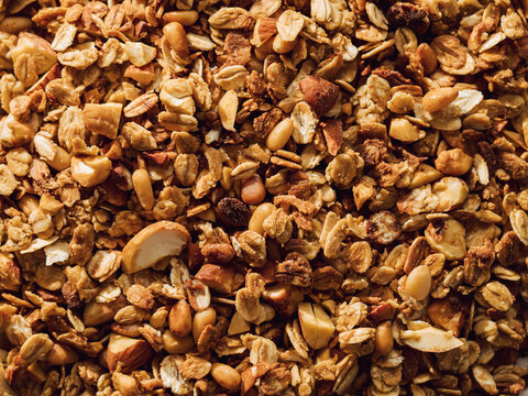 Gluten-free oat granola with nuts texture