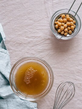 Chickpea aquafaba in a bowl