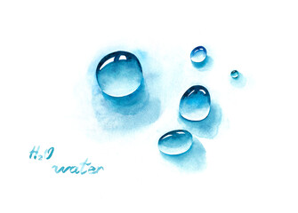 Watercolor water drops of different shapes in blue tones. Water bubbles with highlights and shadows.