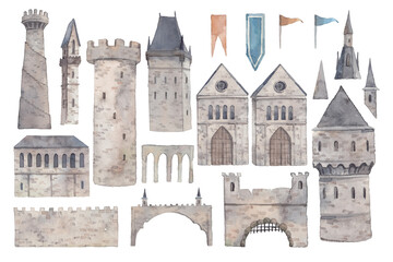 Fototapeta na wymiar Fairytale castle constructor. Clip art with towers, flags, roofs, gates. Architecture elements isolated on white