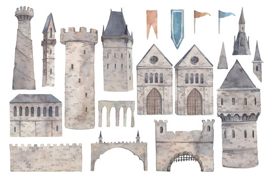 Fairytale Castle Constructor. Clip Art With Towers, Flags, Roofs, Gates. Architecture Elements Isolated On White
