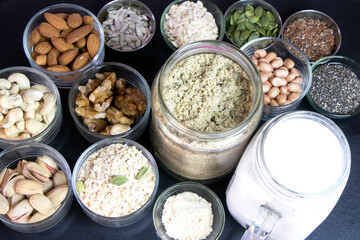 Protein powder with nuts around it