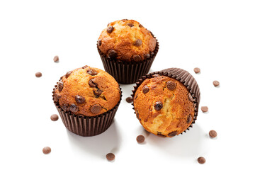 Chocolate chip muffins isolated on white background.	 - 483714902