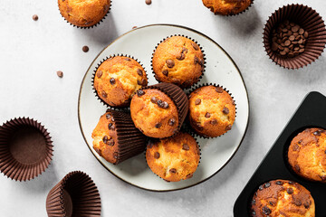 Chocolate chip muffins in plate on light gray background. top view - 483714934
