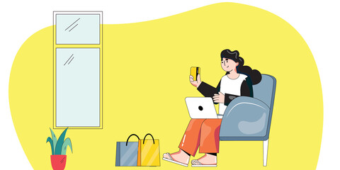 woman relaxing on the sofa & using mobile phone illustration vector