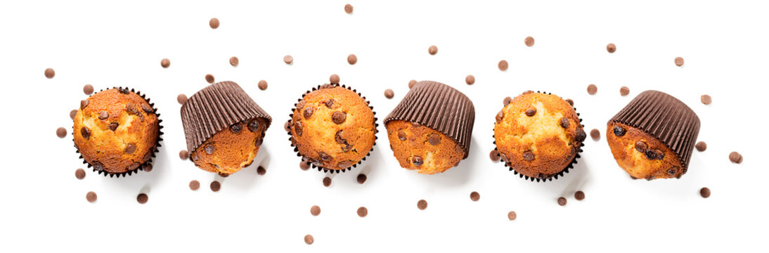 Chocolate chip muffins isolated on white background. top view	