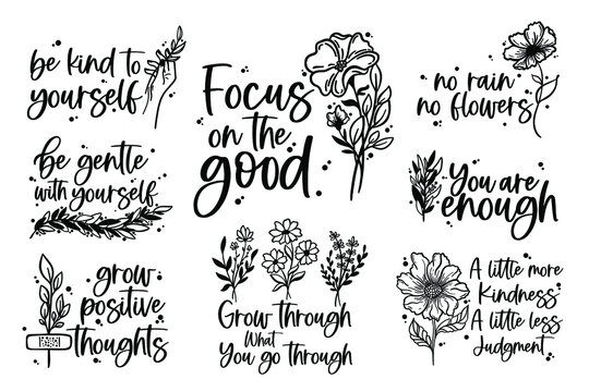 Mental Health lettering quotes Vector illustration, Self-care saying, Positive thoughts motivational affirmations, Floral mindful phrases Inspirational clipart
