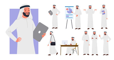 Saudi businessman showing different poses and gestures set vector illustration. Cartoon arabian office worker character standing and pointing, work of arab corporate employee isolated on white