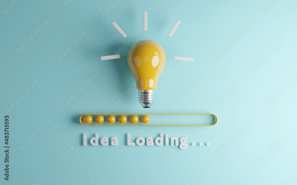 Poster yellow lightbulb with download bar or loading idea business concept and progress by 3d render.