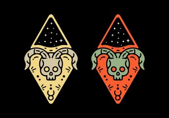 two colorful skull with curved horns illustration