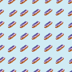 Simple seamless eclair pattern. Toasted eclair with butter cream and berry mousse and a few blueberries. Sweet watercolor,tasty illustration isolated on a pink background.Hand-drawn elements