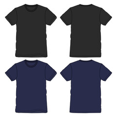 Black and navy color Short sleeve Basic T shirt overall technical fashion flat sketch vector illustration template front and back views. Apparel clothing mock up for men's and boys.
 - obrazy, fototapety, plakaty