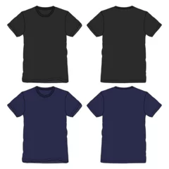 Fotobehang Black and navy color Short sleeve Basic T shirt overall technical fashion flat sketch vector illustration template front and back views. Apparel clothing mock up for men's and boys.  © ClothingArtStudio 