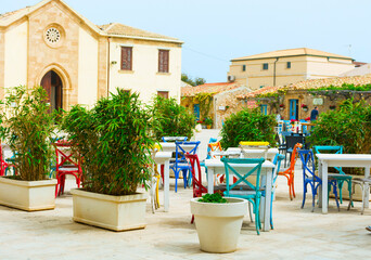 Empty terrace restaurant in Sicily on street – outside coffee and restaurant terrace - Outdoor...