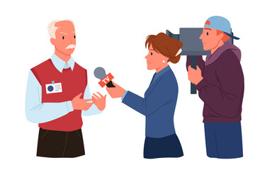 Interview with man for TV breaking news on television channel vector illustration. Cartoon female correspondent holding microphone in hand, cameraman recording live reportage isolated on white