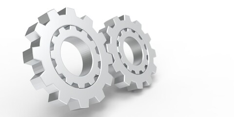 Metal gears on a white background.Engineering technical concept.Rotating mechanism of round parts .3d illustration.