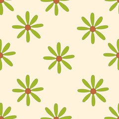 Fototapeta na wymiar Seamless pattern of chamomile flowers in the style of the 60-70s. For packaging, paper, printing, fabric, textiles.