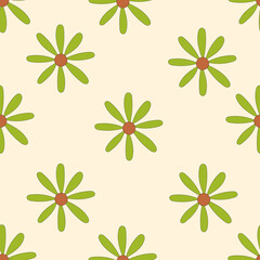 Seamless pattern of chamomile flowers in the style of the 60-70s. For packaging, paper, printing, fabric, textiles.