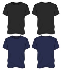 Black and navy color Short sleeve Basic T shirt overall technical fashion flat sketch vector illustration template front and back views. Apparel clothing mock up for men's and boys.
