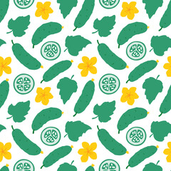 Cute cucumber seamless pattern. Whole vegetables, slices, leaves and flowers. Flat vector hand drawn illustration in cartoon style