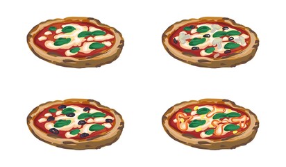 Set of 4 hand drawn Vegan Pizzas isolated on white background. Pizza with tomatoes, mozzarella cheese and Basil leaves. Pizza Margarita.