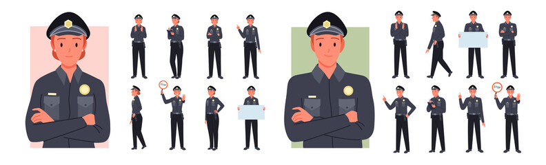 Police man and woman, guard poses set vector illustration. Cartoon young people in cop uniform working in safety patrol, agents standing with stop sign, ticket and empty banner isolated on white - obrazy, fototapety, plakaty