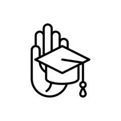Educational tolerance thin line icon: graduation cap in hand. Modern vector illustration.