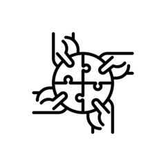 Four hands holding different pieces of puzzle. Symbol of social institutions, creative teamwork, connection and support. Thin line icon. Modern vector illustration.