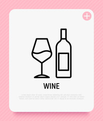 Bottle of wine and wineglass thin line icon. Modern vector illustration.