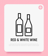 Bottles with red and white wine thin line icon. Modern vector illustration.