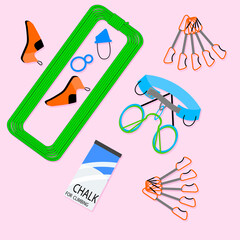 Climbing kit to sport, rope and climbing shoes, quickdraws and harness