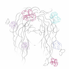 A curly girl with flowers and butterflies in her hair.