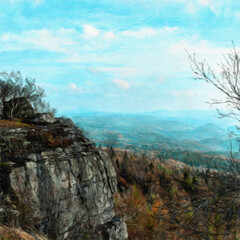 Oil paint on canvas wall art. Beauty landscape nature scene. Large size print. Touristic place. Vacation scene drawing. Beautiful view.