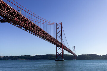 The bridge April 25 with Christ the King in the background in Lisbon, Portugal.