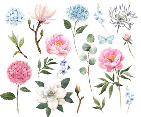 Beautiful set with watercolor hand drawn flowers. Stock illustration.