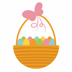 Easter basket with colored eggs . Isolated on white background. Variety pattern eggs. Cartoon flat vector illustration. Easter design element good for banner, card, poster, sticker, social media