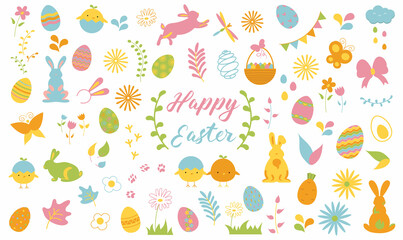 Set of Easter design elements. Eggs, dragonfly, butterfly, rabbit, tulips, flowers, leafs, branches, basket, chicks, narcissus. Perfect for holiday decoration and spring greeting cards, invitation. 