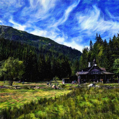 Fototapeta premium Oil paint on canvas wall art. Beauty landscape nature scene. Large size print. Touristic place. Vacation scene drawing. Beautiful view.