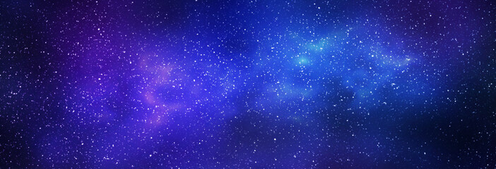 Night starry sky and bright blue galaxy, horizontal background banner