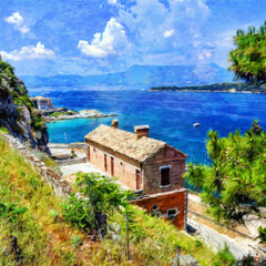 Oil paint on canvas wall art. Beauty landscape nature scene. Large size print. Touristic place. Vacation scene drawing. Beautiful view.