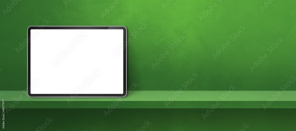 Wall mural Digital tablet pc on green wall shelf. Background banner