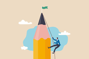 Creative challenge to reach goal and win business, idea, motivation and inspiration to achieve target concept, young creative man climbing pencil mountain to reach winning flag at the peak.