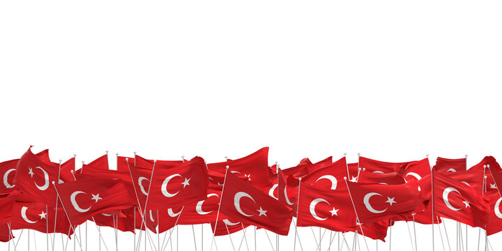 beaucoup de drapeaux turcs sur fond blanc - rendu 3D