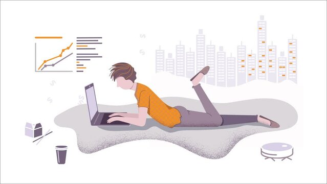 Animation of remote work at the computer. Freelancer are working at home. Successful trader or manager are working in the home office.