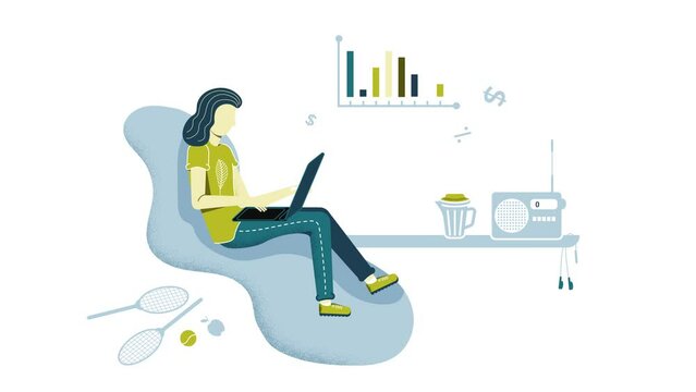Animation of remote work at the computer. Freelancer are working at home. Successful trader or manager are working in the home office.