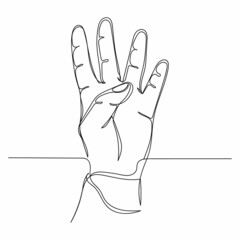 Continuous one simple single abstract line drawing of hand showing number four in silhouette on a white background. Linear stylized.