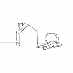 Continuous one simple single abstract line drawing of key and house in silhouette on a white background. Linear stylized.